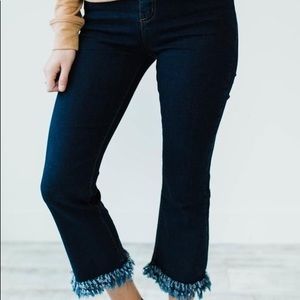 ROOLEE Dark wash, frayed, stretch jeans.
